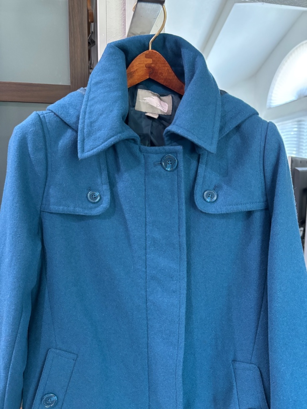 Forever 21 Wool Blend Hooded Pea Coat - Teal Blue Size M - Picture 5 of 11